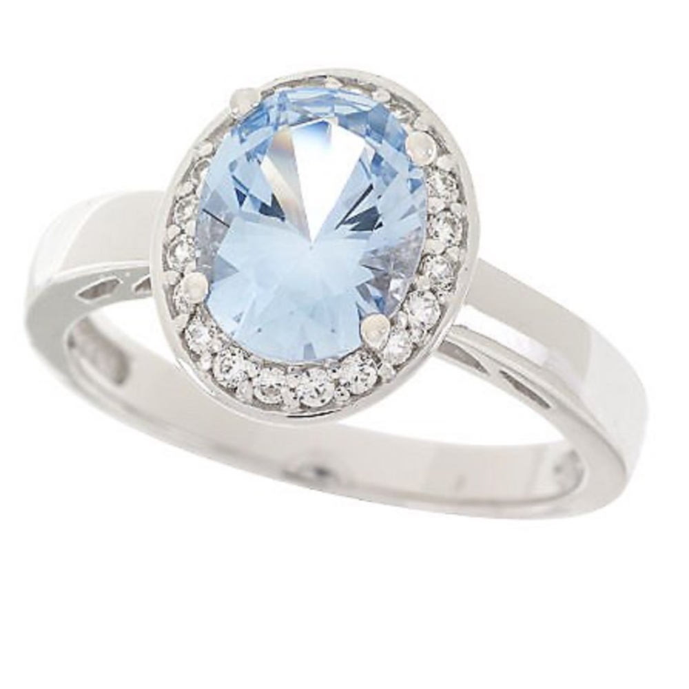 QVC Epiphany Platinum Clad Diamonique Blue Oval Ring. 0388